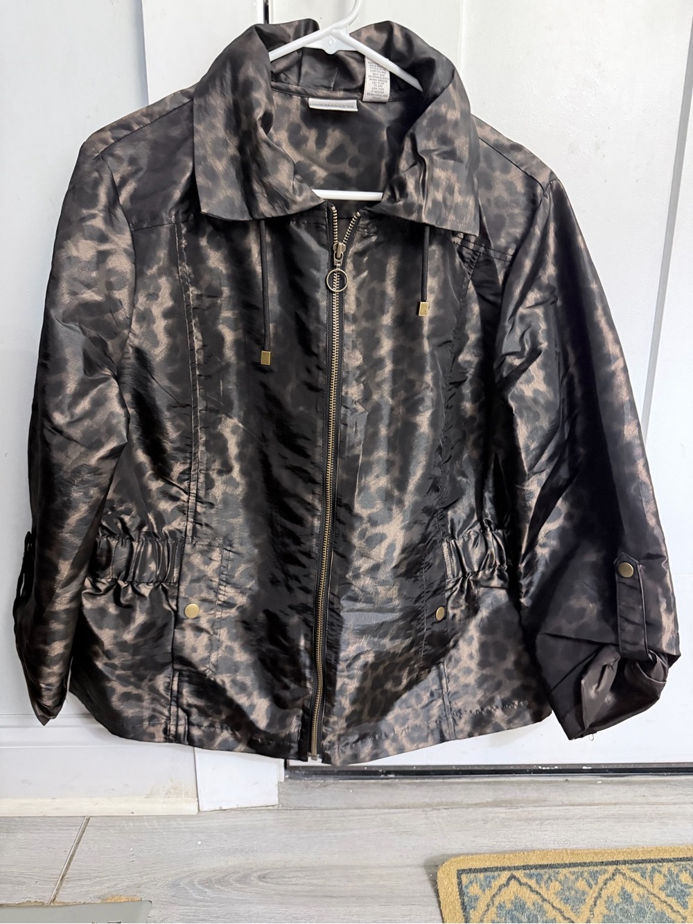 Chico's Black and Bronze Animal-Print Bomber Jacket